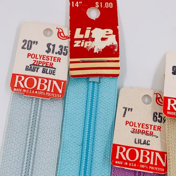 Robin Zipper Varied Lengths Polyester Nylon Multicolor Lot 6 Zippers Made in USA - Picture 4 of 8